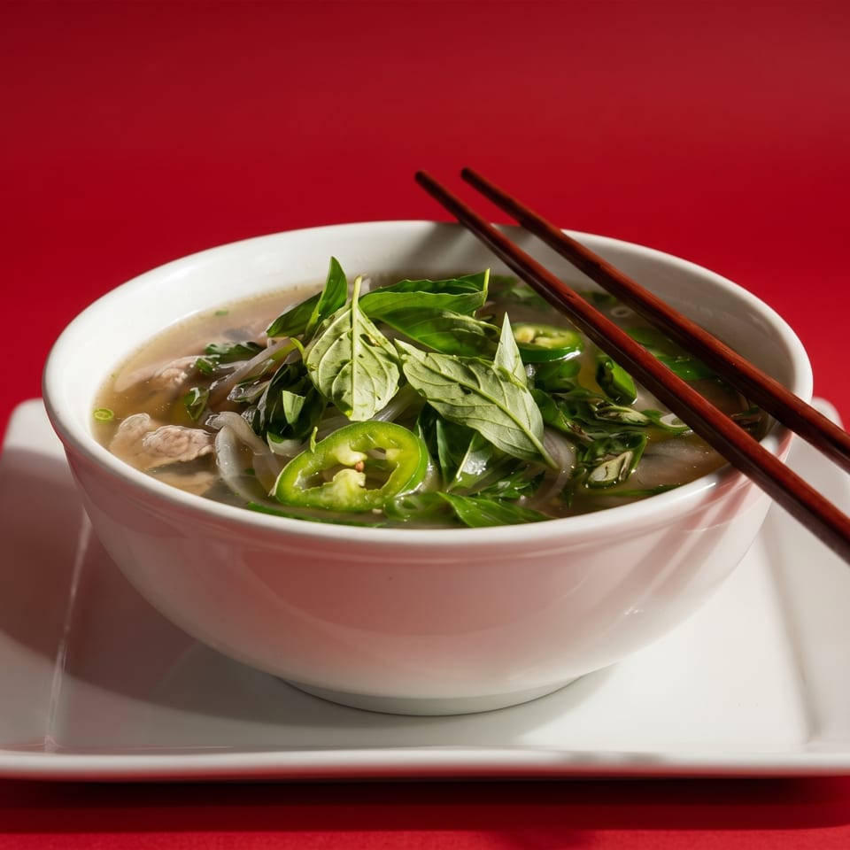 A bowl of pho with basil, jalapenos, and chopsticks on a white plate against a red background.
