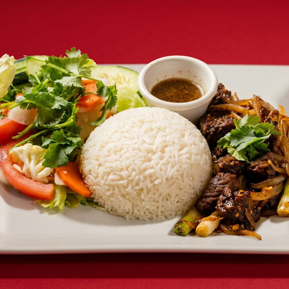 A white plate with a mound of white rice, beef stir-fry, fresh salad, and a side of sauce.