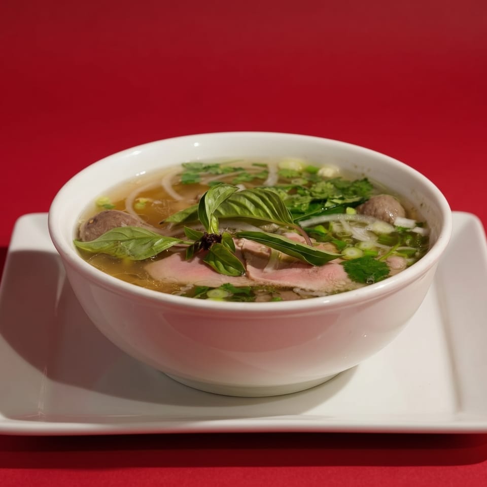A bowl of Vietnamese pho with beef, noodles, and herbs on a white plate against a red background.