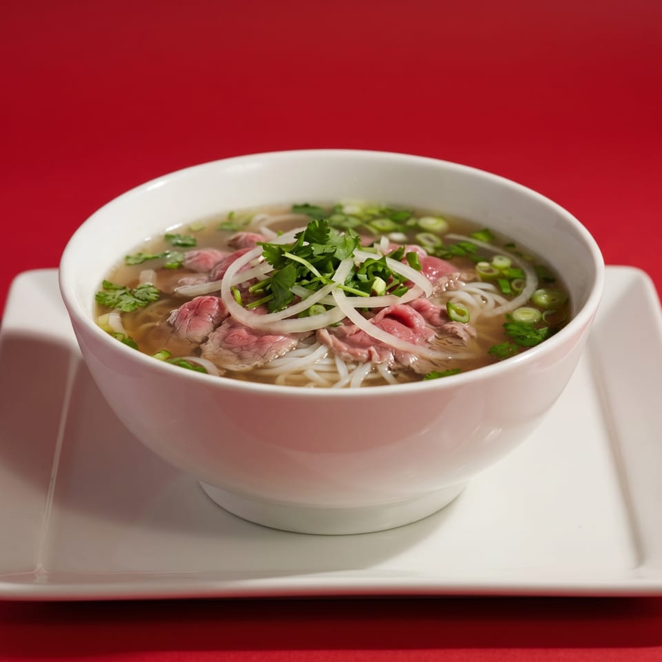 A white bowl of pho with beef, noodles, onions, and herbs on a white plate against a red background.